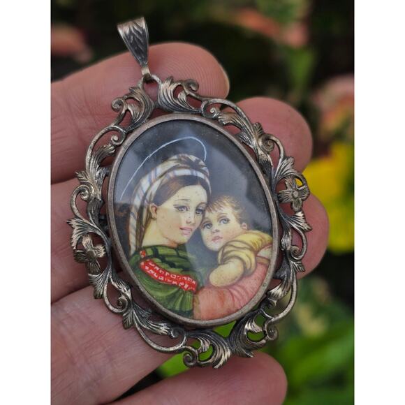 Vintage Italian Ornate 800 Silver Mother & Child Portrait Brooch / Pin /Pendant - Picture 4 of 6